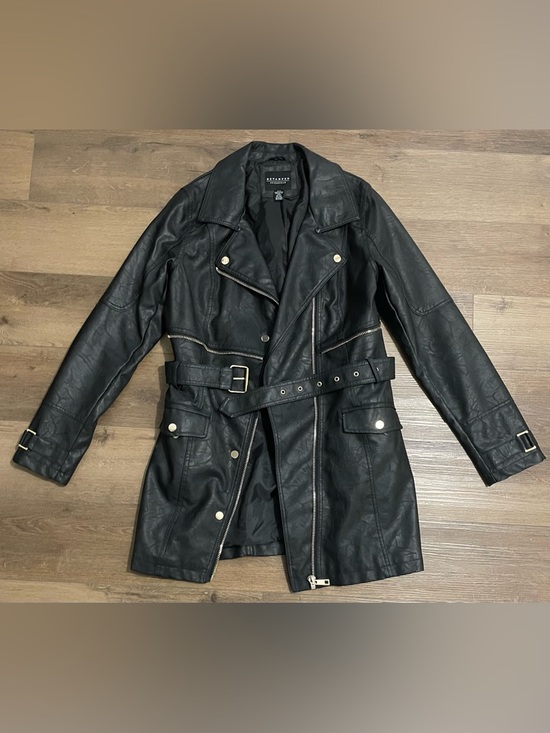 Revamped Jackets & Blazers - Black bikercore Faux Leather Belted Moto Trench Coat